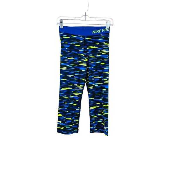Nike Pro Women Activewear Pants Medium‎ Blue Camo Compression Capri Leggings M - Picture 1 of 8